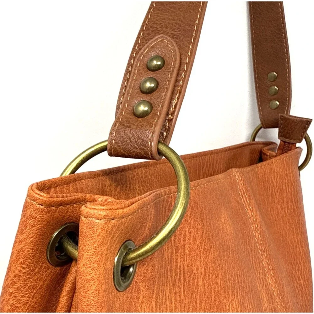 Montana West Hobo Tote Shoulder Bag Orange Brown Faux Leather Equestrian Lined
